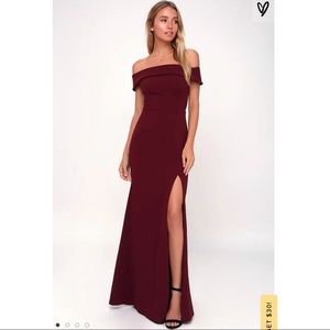 Lulu’s Burgundy Off The Shoulder Gown